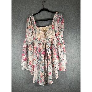 Listicle Womens Floral Smocked Boho Bell Sleeve Tie Front Top‎ Pink Cream Small